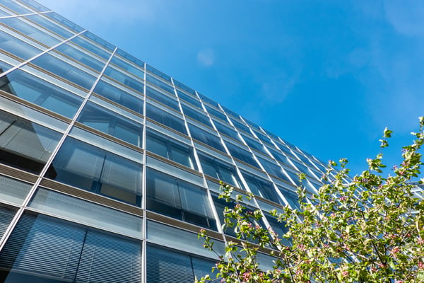 Modern Office Buildings with Steel Glass Windows, Green Plant, Blue Sky, Reflections 